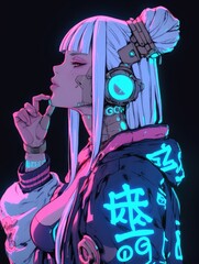 Wall Mural - Cyberpunk Girl with Long White Hair and Neon Accents