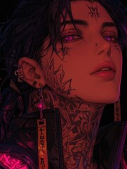 Wall Mural - A heavily tattooed young person with purple eyes