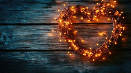 Aufkleber - Festive heart-shaped wreath adorned with warm fairy lights set against a rustic blue wooden surface, perfect for romantic celebrations and designs.