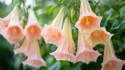 Leinwandbilder - Delicate trumpet-shaped flowers in soft pastel hues against a blurred green background creating a serene garden atmosphere