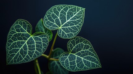 Poster - Tropical green leaves with intricate veins against a dark background showcasing nature's beauty and elegance.