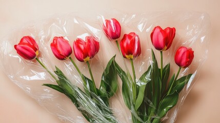 Aufkleber - Fresh red tulips arranged in a plastic bag on a soft beige surface perfect for floral designs and spring themed presentations