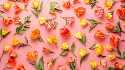 Wall Mural - colorful tulip flowers arranged on a soft pink background showcasing a vibrant floral pattern from a