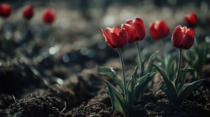 Fototapete - Vibrant red tulips blooming in a serene spring garden showcasing nature's beauty and delicate floral details.