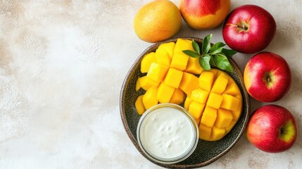 Poster - Bowl of vibrant red apples and ripe yellow mangoes on a textured beige background with a jar of creamy yogurt dressing, flat lay composition.
