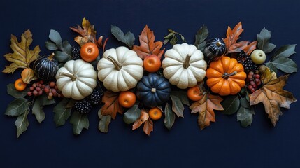 Poster - Flat Lay Thanksgiving Arrangement with White and Orange Pumpkins Leaves and Fruits on Rich Navy Blue Background