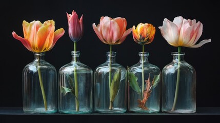 Wall Mural - colorful tulip flowers displayed in transparent glass jars on a dark background showcasing a serene 