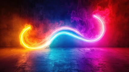 Poster - Vibrant neon light trails in electric blue pink and orange hues gracefully curving against a dark textured backdrop creating a dynamic visual effect