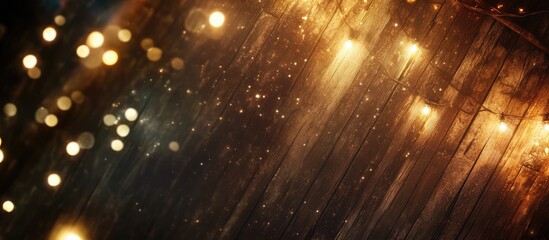 Aufkleber - Rustic wooden background featuring warm bokeh lights with a blurred golden glow and space for text overlay in cozy atmospheric setting
