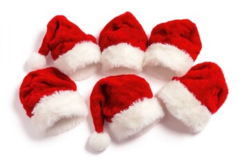 Poster - Six red and white Santa hats arranged on a white surface