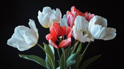 Aufkleber - Colorful bouquet of tulip flowers in various shades on a dark background highlighting their delicate petals and vibrant beauty