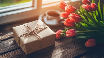 Aufkleber - Tulips and gift box in sunlight showcasing spring floral beauty perfect for holidays and special occasions