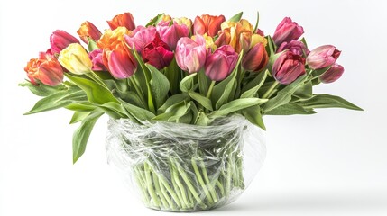Aufkleber - Vibrant tulip bouquet in cellophane wrap with a white background showcasing colorful flowers and ample copy space for branding or text.
