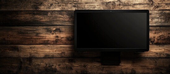 Poster - Minimalist top view of a black monitor on a rustic wooden table with dark wood grain texture and ample negative space for text and branding