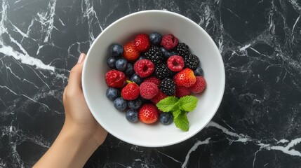 Poster - Assorted ripe berries including raspberries, blueberries, blackberries, and strawberries in a white bowl on a black marble surface with a hand holding it