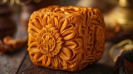 Poster - Intricately Carved Turmeric Block Showcasing Detailed Floral Patterns on Rustic Wooden Surface