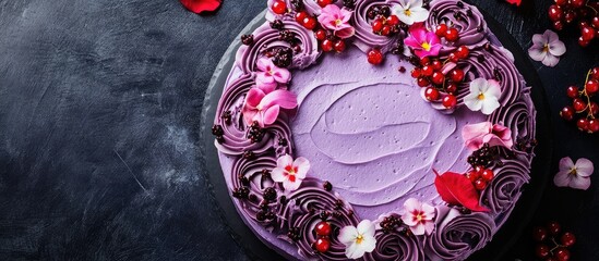 Wall Mural - Vibrant purple round cake topped with colorful flowers and petals, edged with chocolate curls and red berries on a dark textured surface with empty space for text