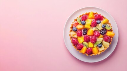 Leinwandbilder - Colorful fruit tart displayed on a white plate atop a soft pink background with empty space for text and creative design, showcasing vibrant raspberries, mango, and kiwi.