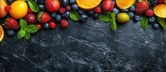 Leinwandbilder - Vibrant assortment of fresh fruits including oranges, berries, and mint leaves arranged on dark stone background with empty space for text and design elements