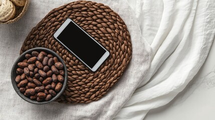 Poster - Contemporary coffee table arrangement with tablet and cocoa pods on woven placemat against soft white curtains in cozy interior setting