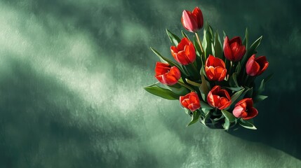Aufkleber - Red tulip bouquet arranged elegantly on a mottled green background with soft lighting creating a serene and artistic top view composition