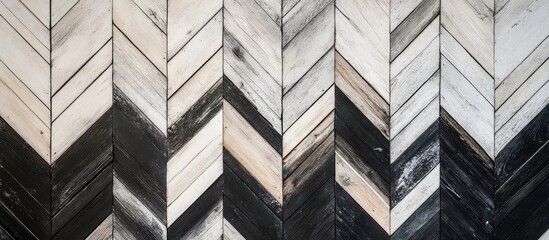 Fototapete - High Angle View of Black and White Chevron Patterned Wooden Planks with Textured Background and Copy Space for Wood Renovation Concepts