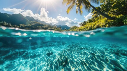 Poster - Tropical sea landscape with clear blue water and sunlit reflections under a palm tree in daylight showcasing natural beauty.