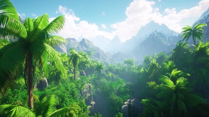 Fototapete - Lush tropical forest landscape in mountainous terrain with vibrant greenery and distant peaks under a bright blue sky