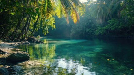 Aufkleber - Tranquil tropical lagoon with crystal clear waters surrounded by lush green vegetation and palm trees during a serene morning light.