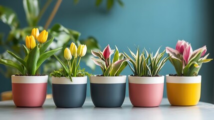 Wall Mural - colorful tulip flower pots displayed on a table creating a vibrant indoor garden atmosphere
