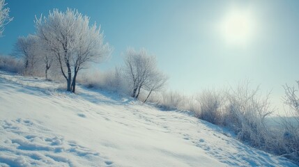 Aufkleber - Serene winter landscape with frosted trees and snow-covered hills under a clear blue sky showcasing a peaceful seasonal outdoor scene