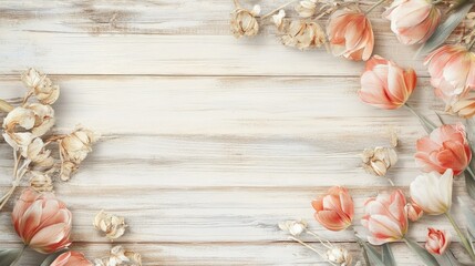 Leinwandbilder - Delicate tulips and floral accents arranged on a rustic wooden background creating a serene and inviting atmosphere for design and decor.