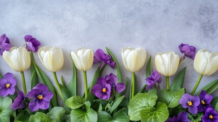 Aufkleber - Tulip Bulbs and Violets Arrangement on Neutral Textured Background for Spring Decor