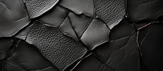 Aufkleber - Black textured leather background with a cracked surface in a top view layout, providing ample empty space for text display in a sleek design.