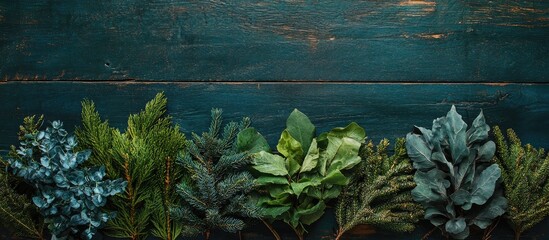 Poster - Assorted Winter Greens Displayed on Rustic Wooden Table in Rich Green Tones with Space for Text and Seasonal Presentation Elements