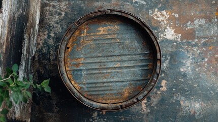 Poster - Rustic top view of a weathered tin barrel featuring aged metal bands against a textured background with earth tones and greenery accents.