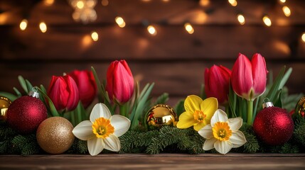 Aufkleber - Vibrant Tulips and Daffodils Decorated with Christmas Ornaments on Wooden Table with Bokeh Lights Background Ample Space for Text