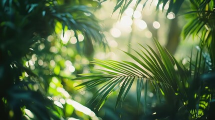 Aufkleber - tropical garden with bamboo and lush foliage featuring soft light and bokeh effect creating a serene natural ambiance
