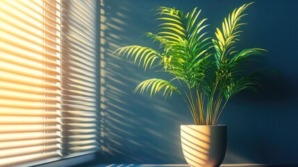 Aufkleber - Tropical house plant in bright interior with sunlight casting shadows through window blinds creating a serene atmosphere