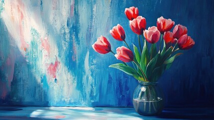 Aufkleber - Vibrant Tulip Bouquet in Glass Vase Against Artistic Blue Background
