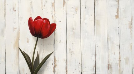 Leinwandbilder - Red tulip flower against a rustic white wooden background showcasing natural beauty and simplicity in floral decor