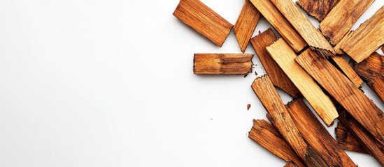 Poster - Top view of broken brown wooden joints on clean white background with ample copy space for text and design elements.
