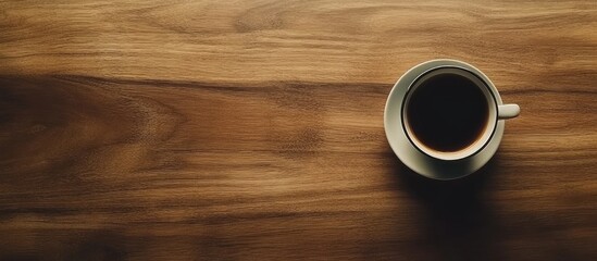 Poster - Warm brown wooden table surface featuring a black coffee cup with white rim, inviting empty space for text or coasters in a minimalist layout.