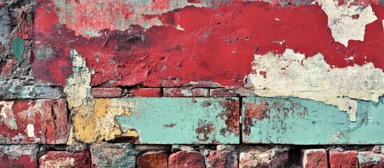 Wall Mural - Weathered brick wall with peeling paint in vibrant colors, perfect for adding rustic charm to interior design projects.