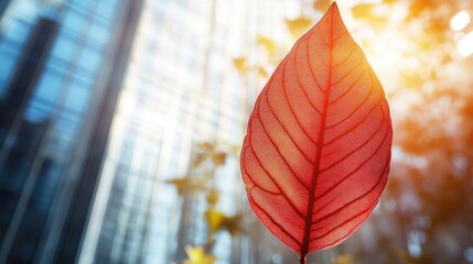 Poster - Tropical red leaf illuminated by sunlight against a modern urban backdrop showcasing the beauty of nature in a vibrant city setting