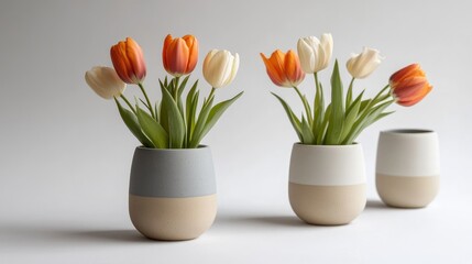 Aufkleber - Minimalist tulip bouquet arrangement in ceramic vases featuring vibrant colors against a soft background