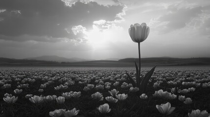 Fototapete - Black and white photograph of a solitary tulip standing in a vast flower field under a dramatic sky during sunset evening light