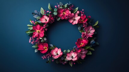 Aufkleber - Spring Floral Wreath with Pink and Purple Blooms on a Dark Blue Background Design for Seasonal Decor and Invitations