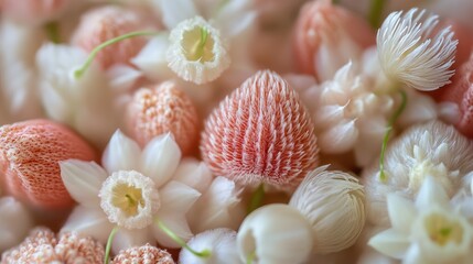 Poster - Delicate close-up of tufted floral buds and blossoms showcasing intricate textures and soft pastel colors in a floral arrangement.