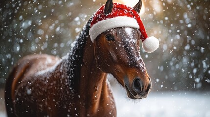 Poster - A horse wearing a Santa hat in the snowy landscape